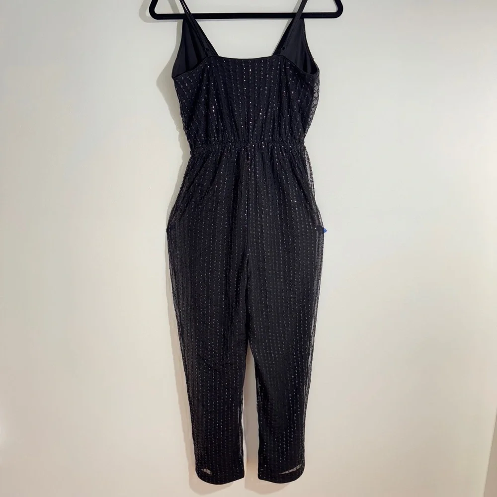 Express Black Sequin Surplice V-Neck Adjustable Strap Jumpsuit Size Small‎